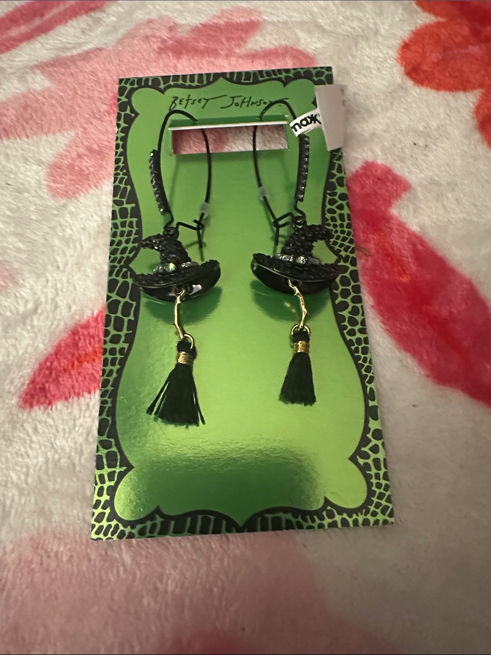 Betsey Johnson Black Witch Hat Tassel Dangle Earrings with Gold Accents